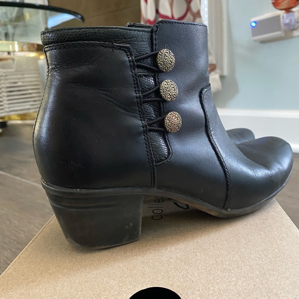 Clark calf bootie, black, very durable.